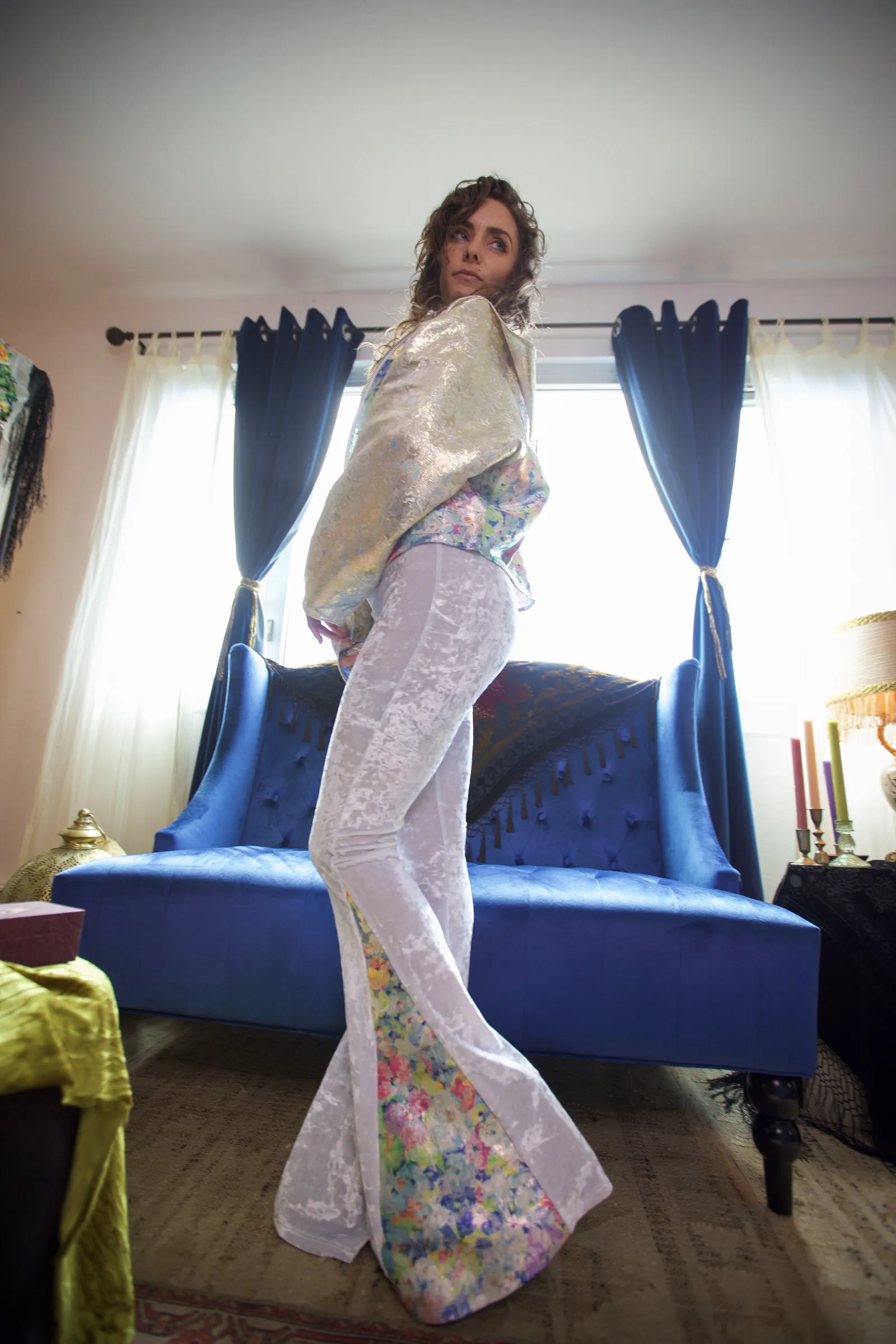 White High Waist Crushed Velvet Flare Pants