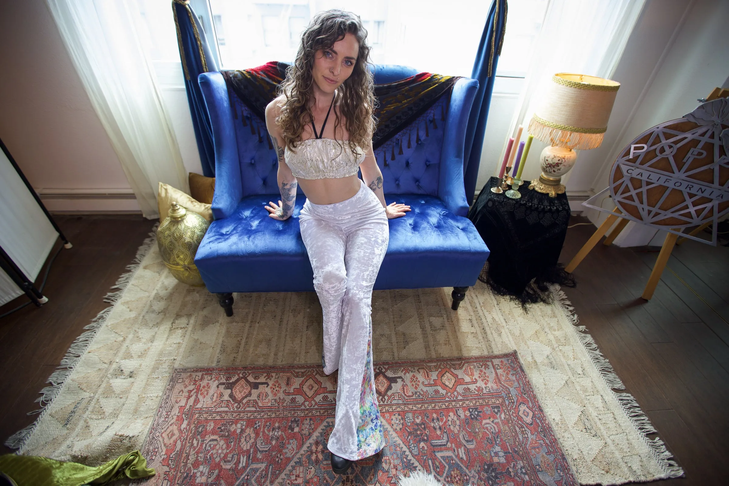 White High Waist Crushed Velvet Flare Pants