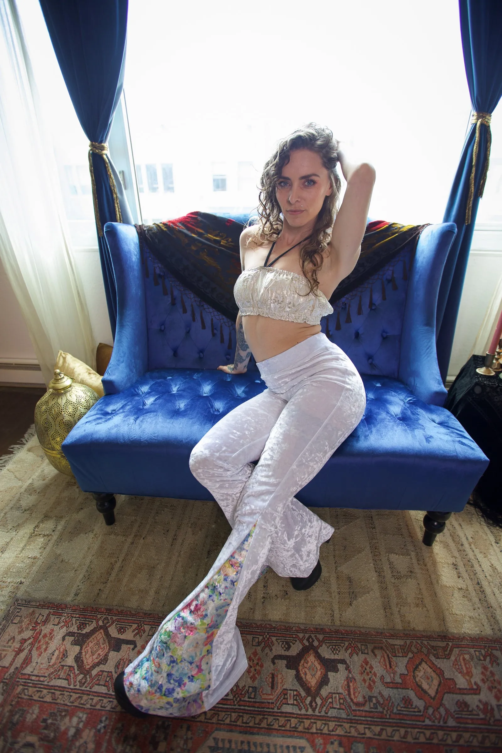 White High Waist Crushed Velvet Flare Pants