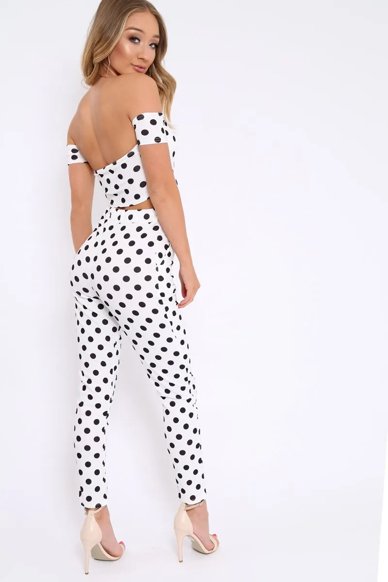 White Polka Dot Bardot and Trousers Co-ord Set - Jorgina