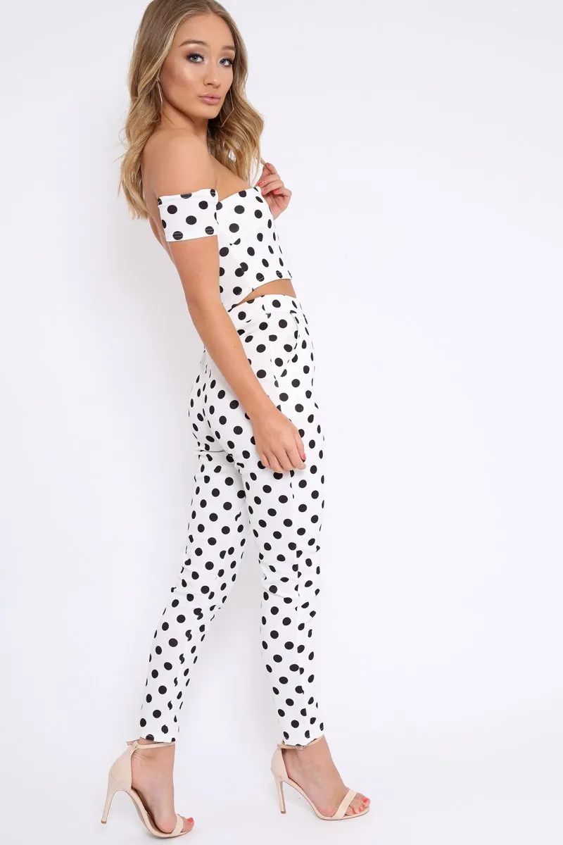 White Polka Dot Bardot and Trousers Co-ord Set - Jorgina