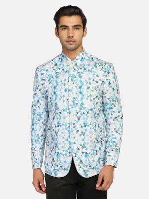 White Printed Bandgala Blazer
