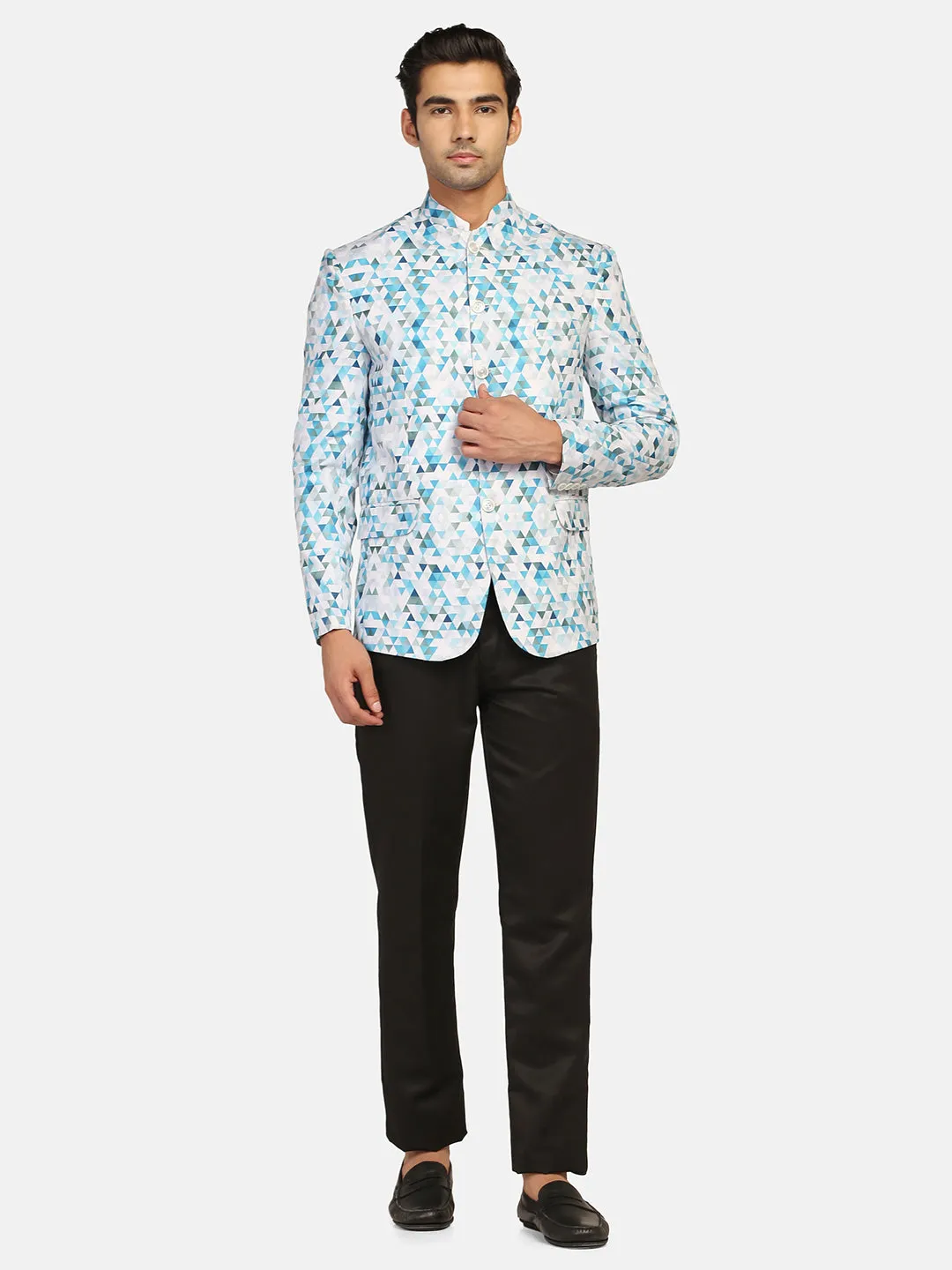 White Printed Bandgala Blazer