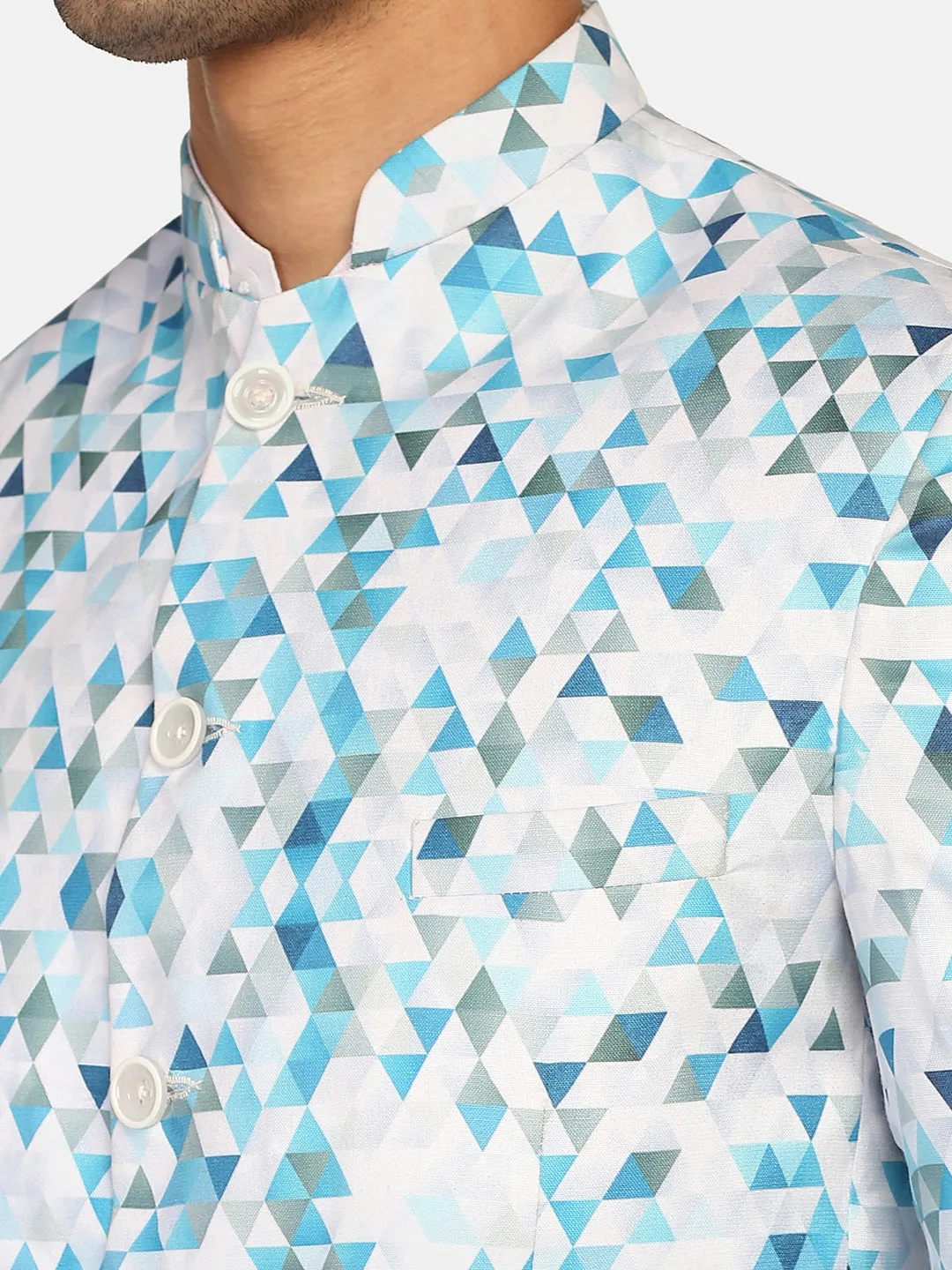 White Printed Bandgala Blazer
