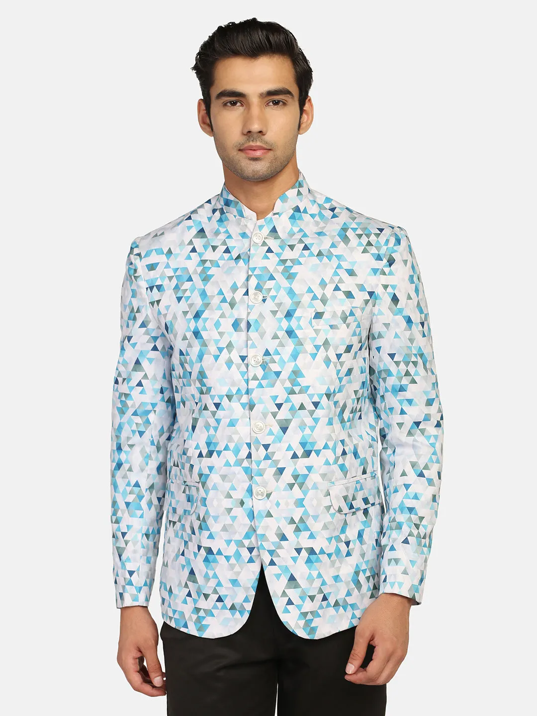 White Printed Bandgala Blazer