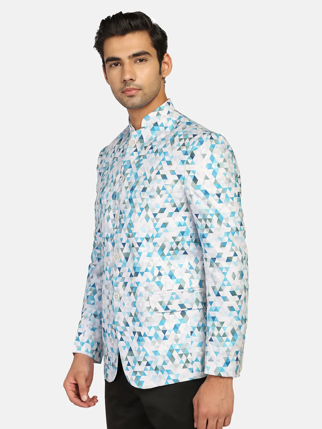 White Printed Bandgala Blazer