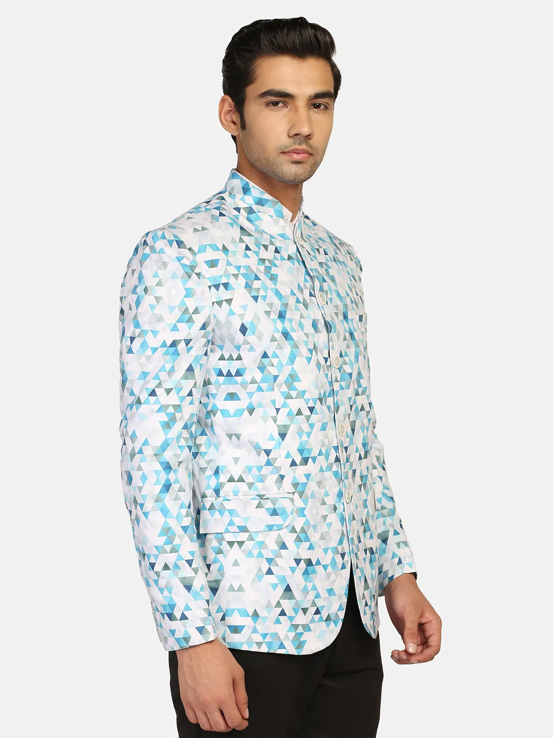 White Printed Bandgala Blazer