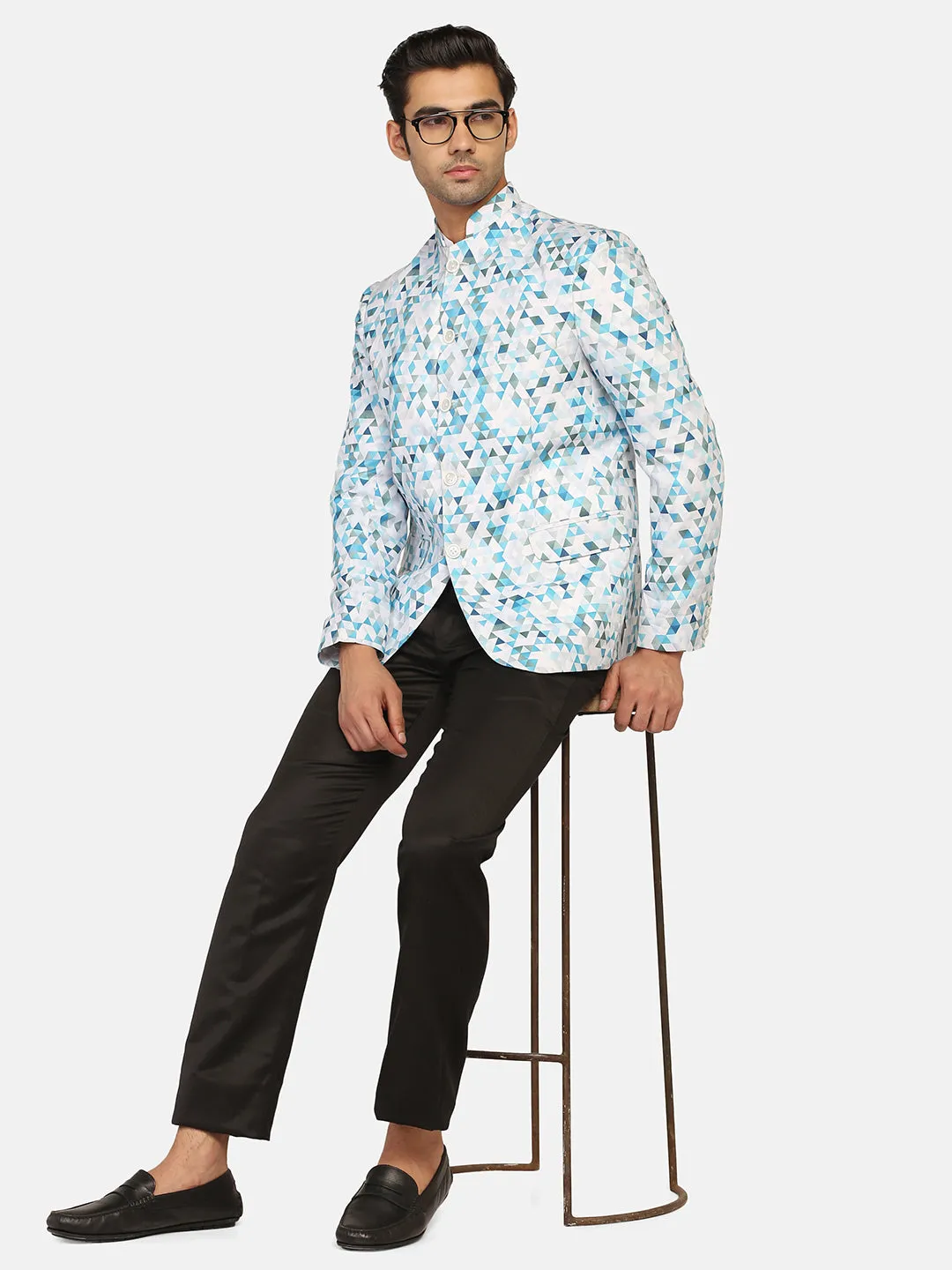 White Printed Bandgala Blazer