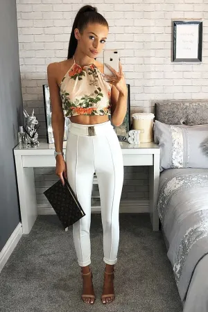 White Tapered Trousers With Gold Buckle - Zyana