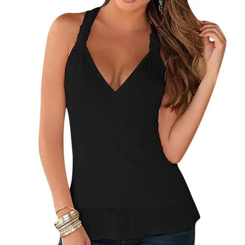 Women Ladies Deep V Neck Backless Lace Crochet Halter Tank Tops Fitness Slim Blouse Vest Shirts