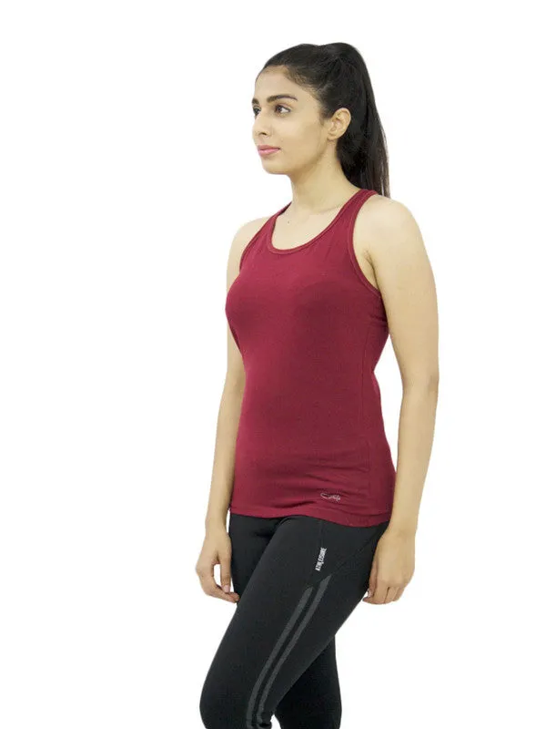 Women Maroon Solid Sports Tank Top - RACER Back STRETCH-MN