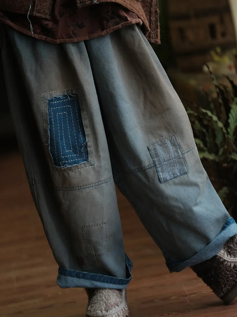 Women Spring Retro Patch Spliced Straight Denim Pants