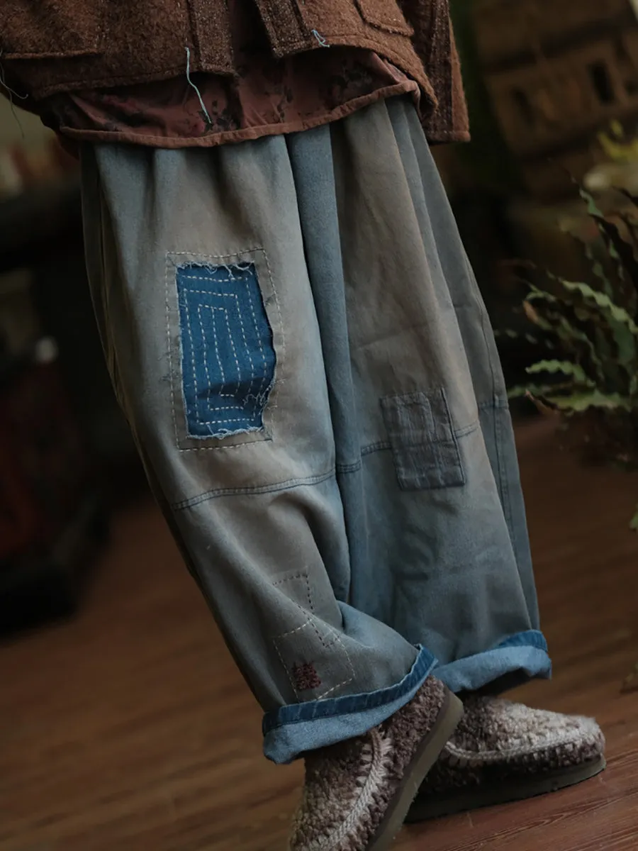 Women Spring Retro Patch Spliced Straight Denim Pants