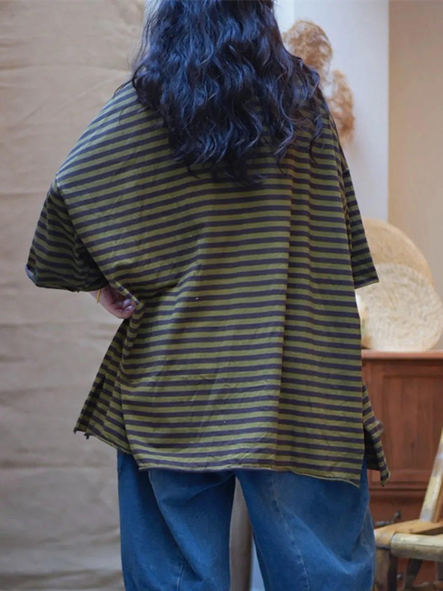 Women Summer Stripe O-Neck Loose Cotton Shirt