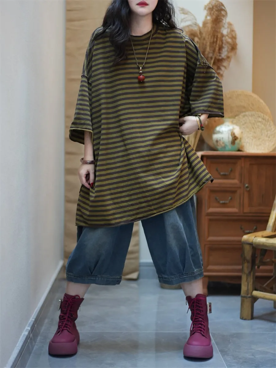 Women Summer Stripe O-Neck Loose Cotton Shirt
