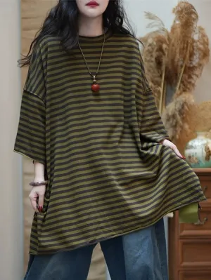 Women Summer Stripe O-Neck Loose Cotton Shirt