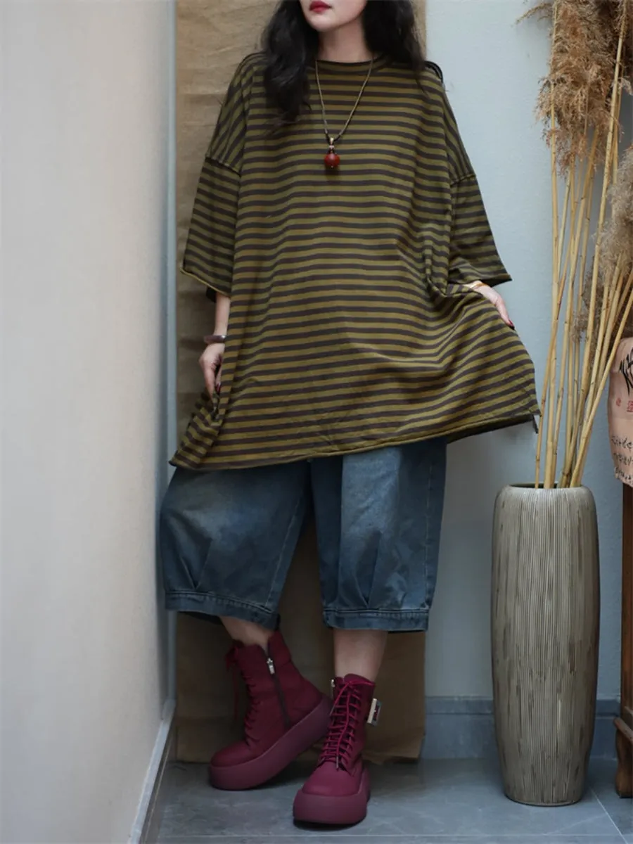 Women Summer Stripe O-Neck Loose Cotton Shirt