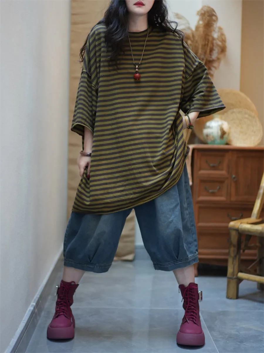 Women Summer Stripe O-Neck Loose Cotton Shirt