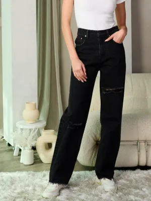 WOMEN'S BUTTON CLOSURE DISTRESS DENIM PANTS