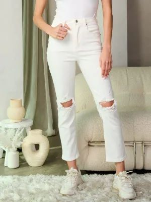 WOMEN'S BUTTON CLOSURE DISTRESS STRETCH DENIM PANTS