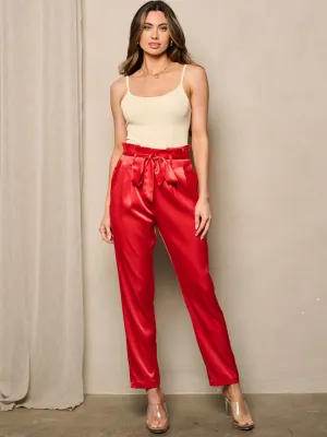 WOMEN'S HIGH WAIST SELF TIE POCKETS SATIN PANTS