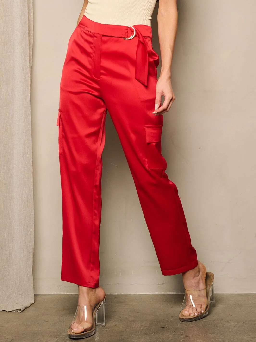 WOMEN'S HIGH WAIST SELF TIE POCKETS SATIN PANTS