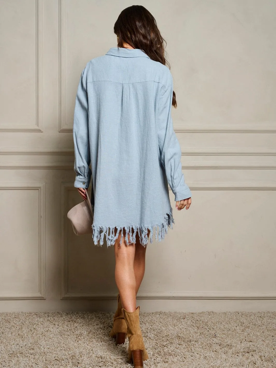 WOMEN'S LONG SLEEVE BUTTON UP FRONT POCKET TASSEL TRIM MINI DRESS