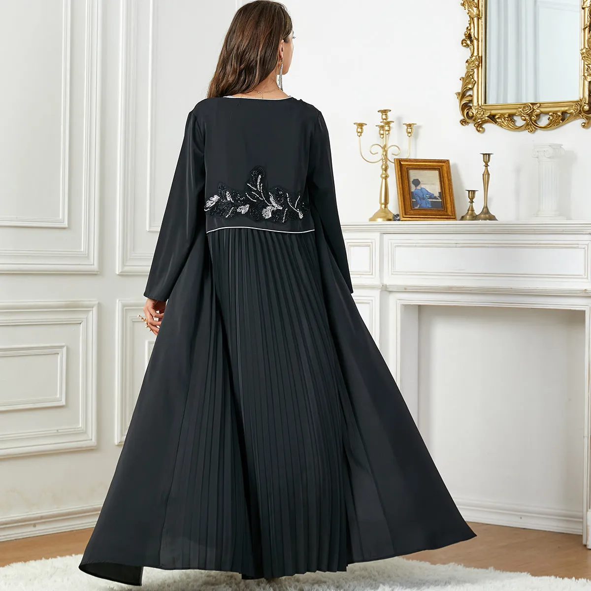 Women's Long Sleeve Flowy Maxi Dress with Botanical Details
