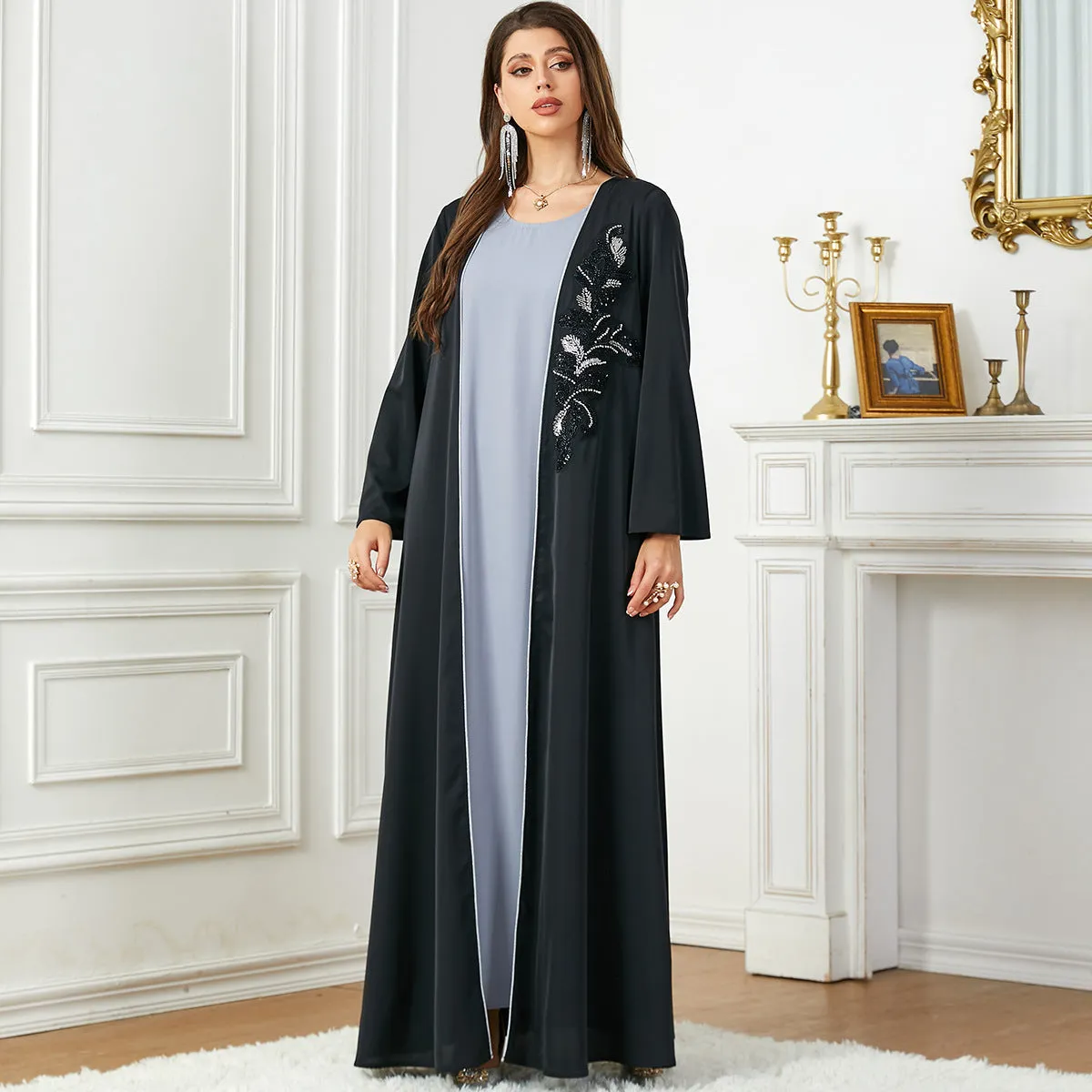 Women's Long Sleeve Flowy Maxi Dress with Botanical Details