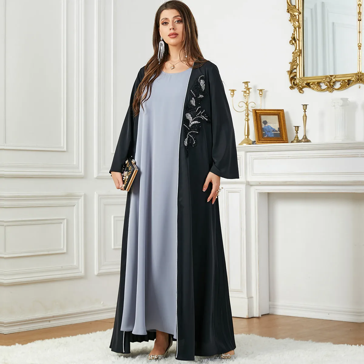Women's Long Sleeve Flowy Maxi Dress with Botanical Details