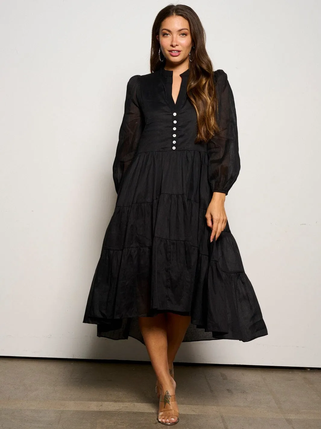 WOMEN'S LONG SLEEVE V-NECK BUTTON UP TIERED MAXI DRESS