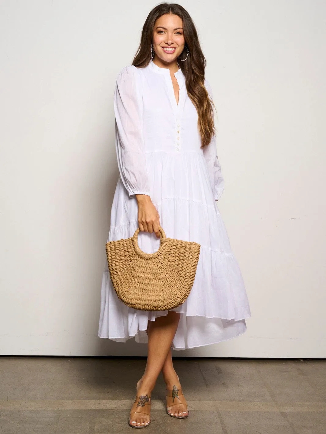 WOMEN'S LONG SLEEVE V-NECK BUTTON UP TIERED MAXI DRESS