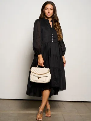 WOMEN'S LONG SLEEVE V-NECK BUTTON UP TIERED MAXI DRESS