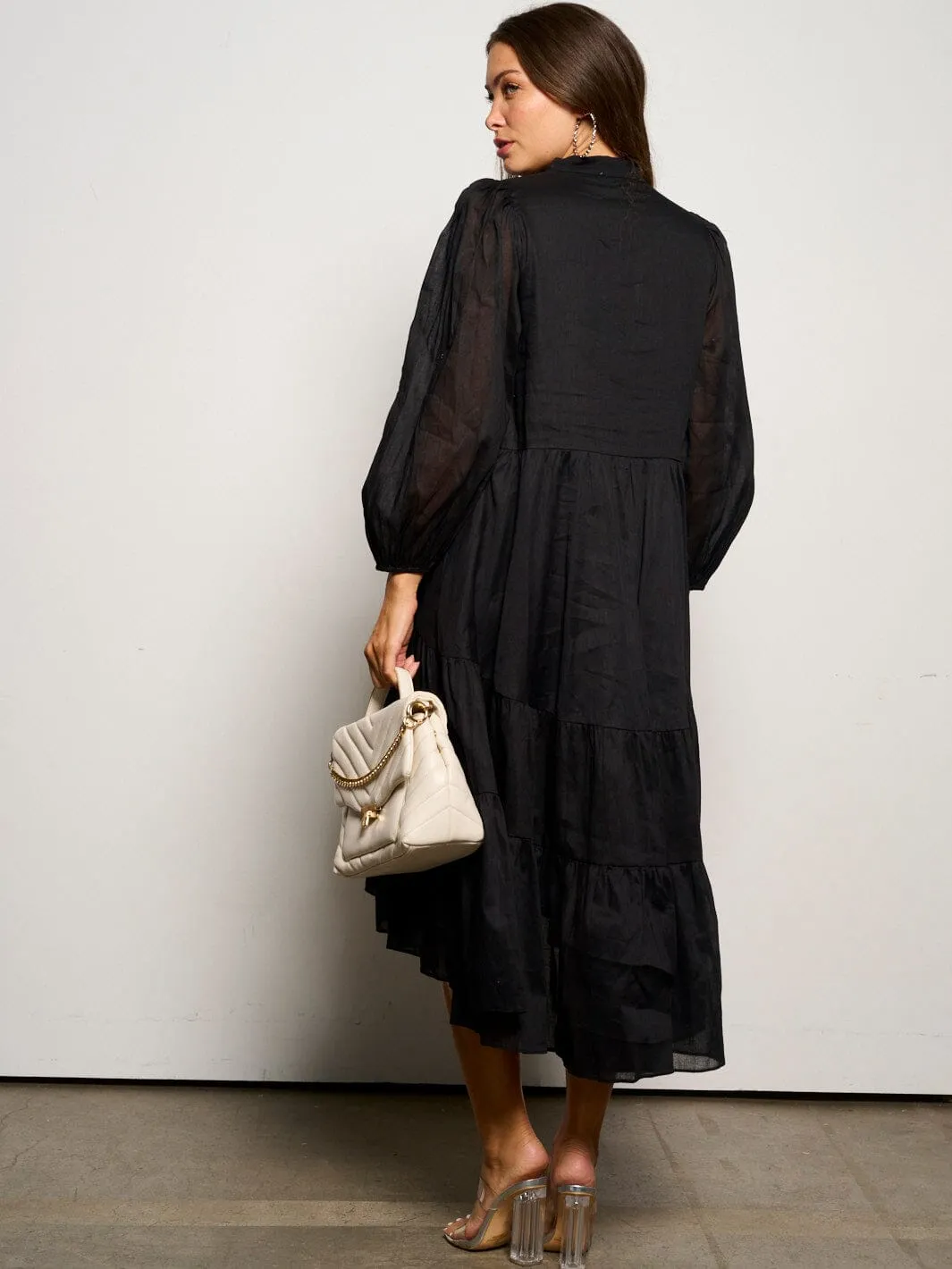 WOMEN'S LONG SLEEVE V-NECK BUTTON UP TIERED MAXI DRESS