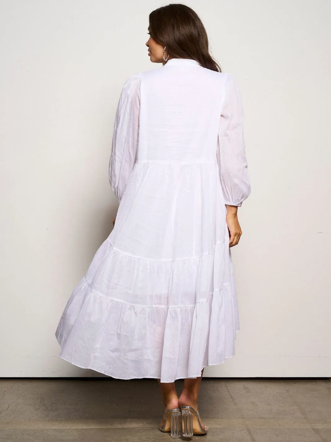 WOMEN'S LONG SLEEVE V-NECK BUTTON UP TIERED MAXI DRESS