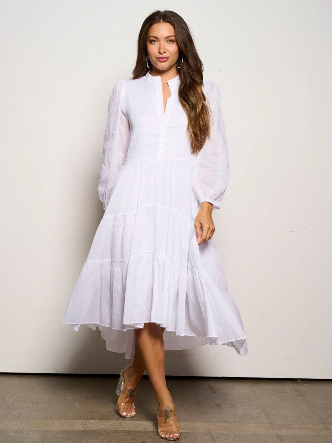 WOMEN'S LONG SLEEVE V-NECK BUTTON UP TIERED MAXI DRESS
