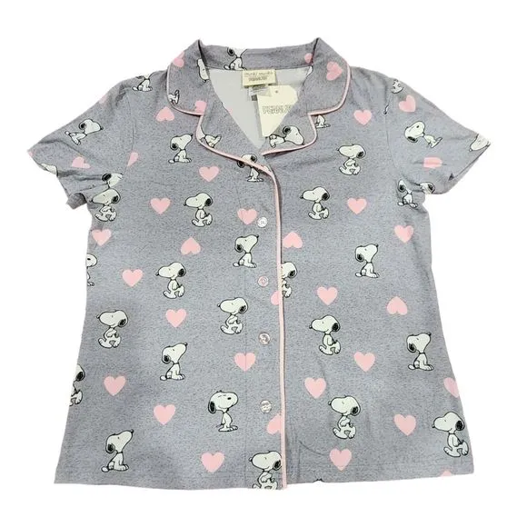 Womens‎ Valentines Day Peanuts Snoopy Gray Pajama Set With Pink Hearts Size L