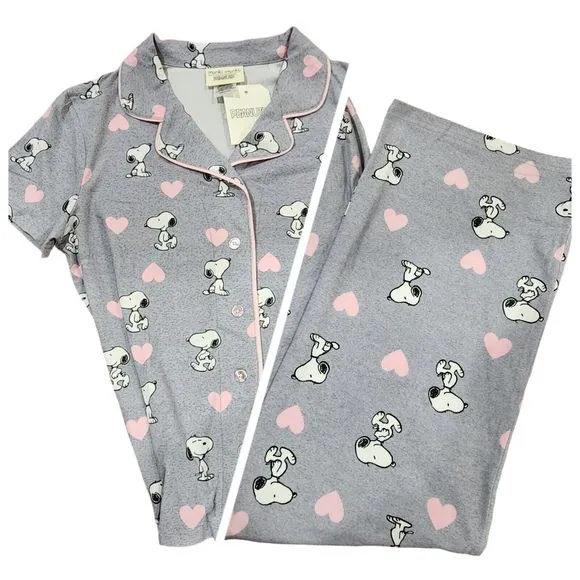 Womens‎ Valentines Day Peanuts Snoopy Gray Pajama Set With Pink Hearts Size L