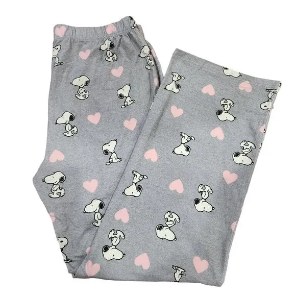Womens‎ Valentines Day Peanuts Snoopy Gray Pajama Set With Pink Hearts Size L