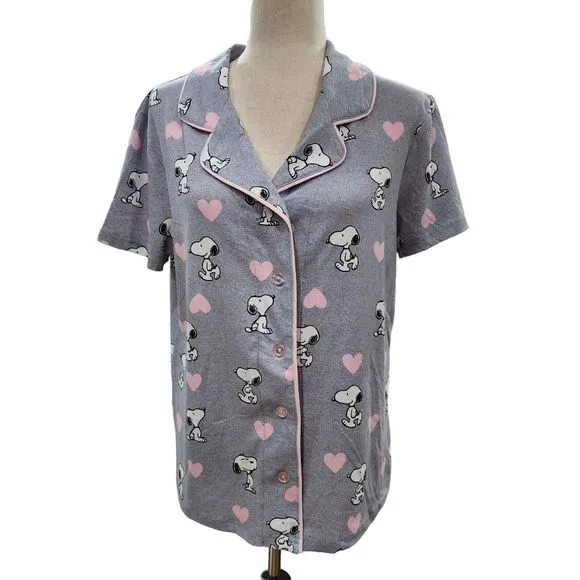 Womens‎ Valentines Day Peanuts Snoopy Gray Pajama Set With Pink Hearts Size L