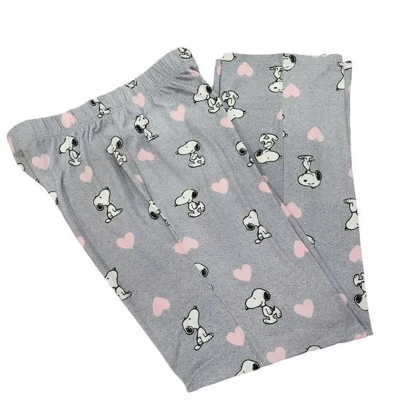 Womens‎ Valentines Day Peanuts Snoopy Gray Pajama Set With Pink Hearts Size L