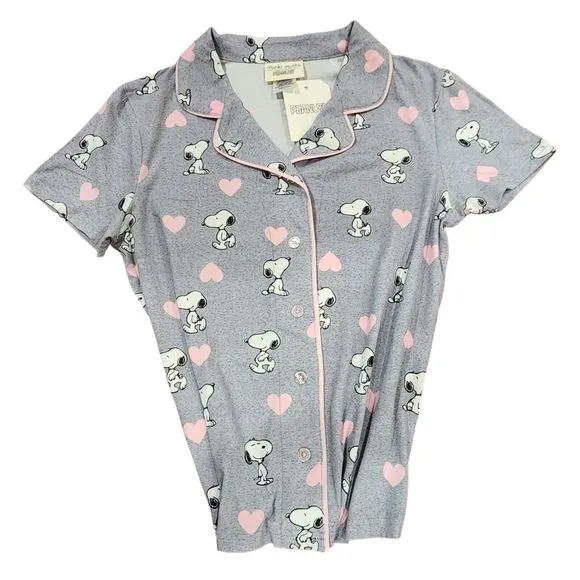 Womens‎ Valentines Day Peanuts Snoopy Gray Pajama Set With Pink Hearts Size L