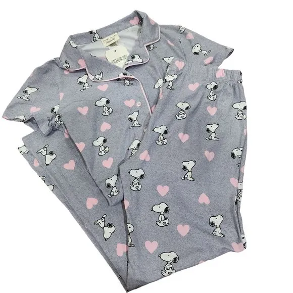 Womens‎ Valentines Day Peanuts Snoopy Gray Pajama Set With Pink Hearts Size L