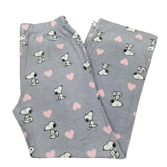 Womens‎ Valentines Day Peanuts Snoopy Gray Pajama Set With Pink Hearts Size L