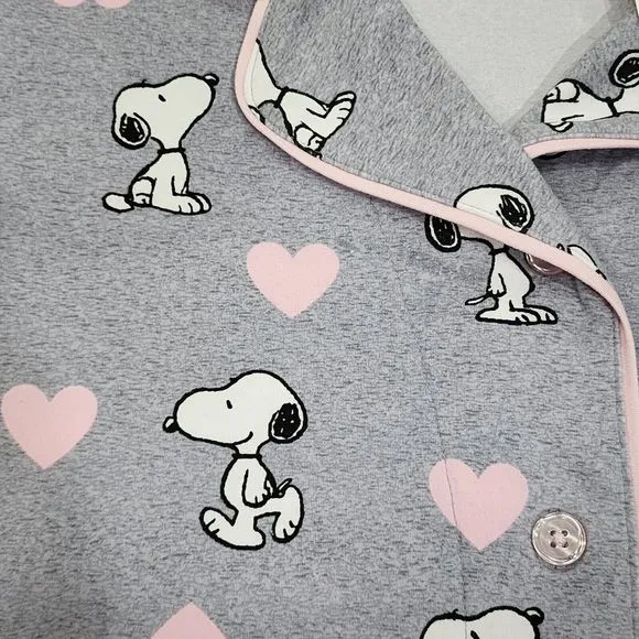 Womens‎ Valentines Day Peanuts Snoopy Gray Pajama Set With Pink Hearts Size L