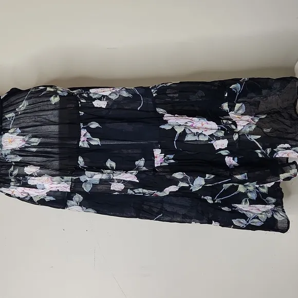 Y2K Black sheer chiffon floral flowy tiered fairycore whimsigoth  maxi skirt